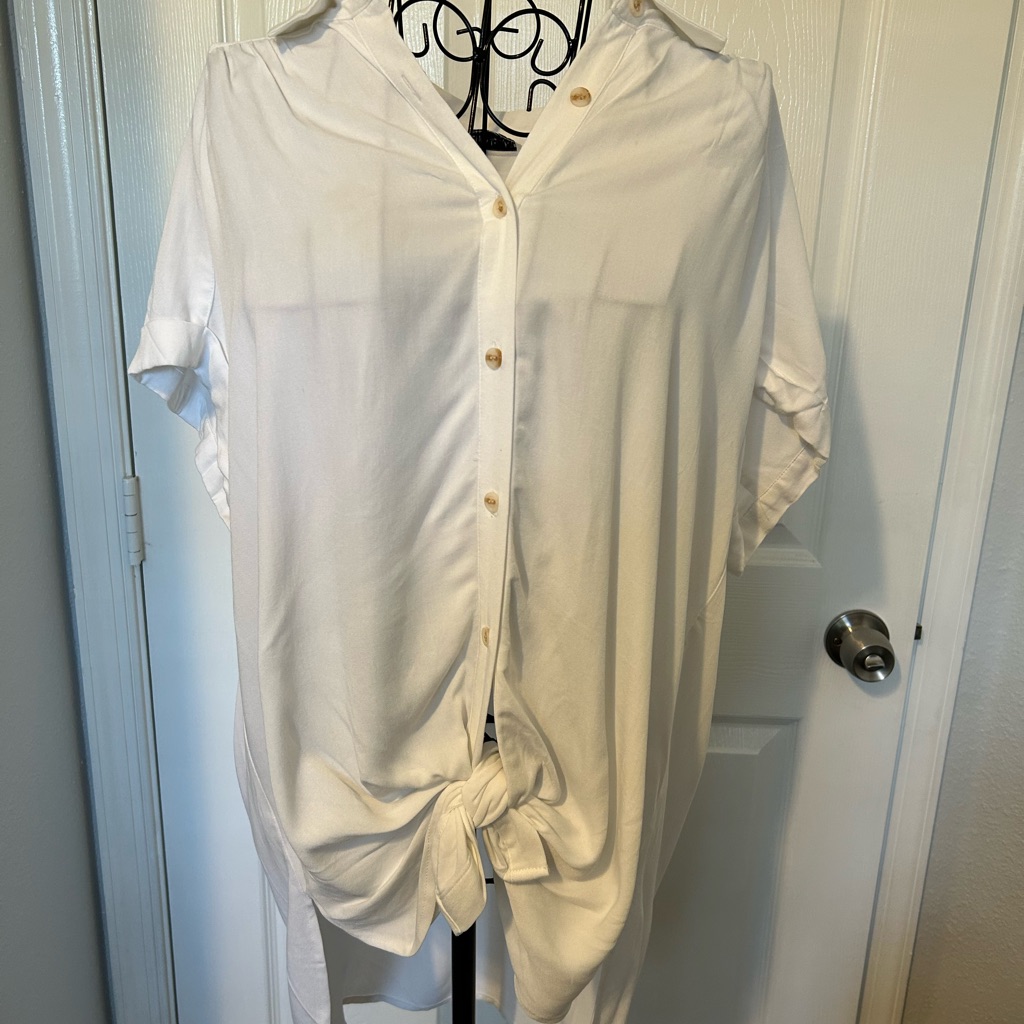 White Oversized Buttoned Tie Front Top